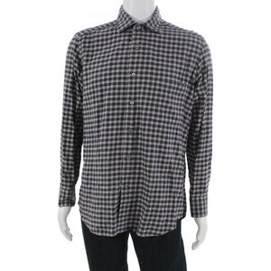 Davide Cenci Mens Plaid Print Long Sleeve Collared Button-Down Shirt Blue Size L